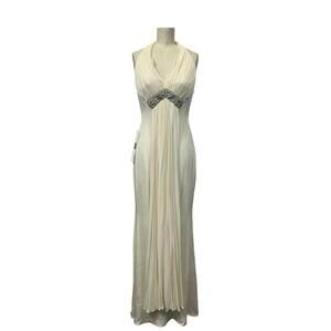 Marchesa Notte Silk Halter Sleeveless Embellished Drape Maxi Gown Ivory Sz US 0
